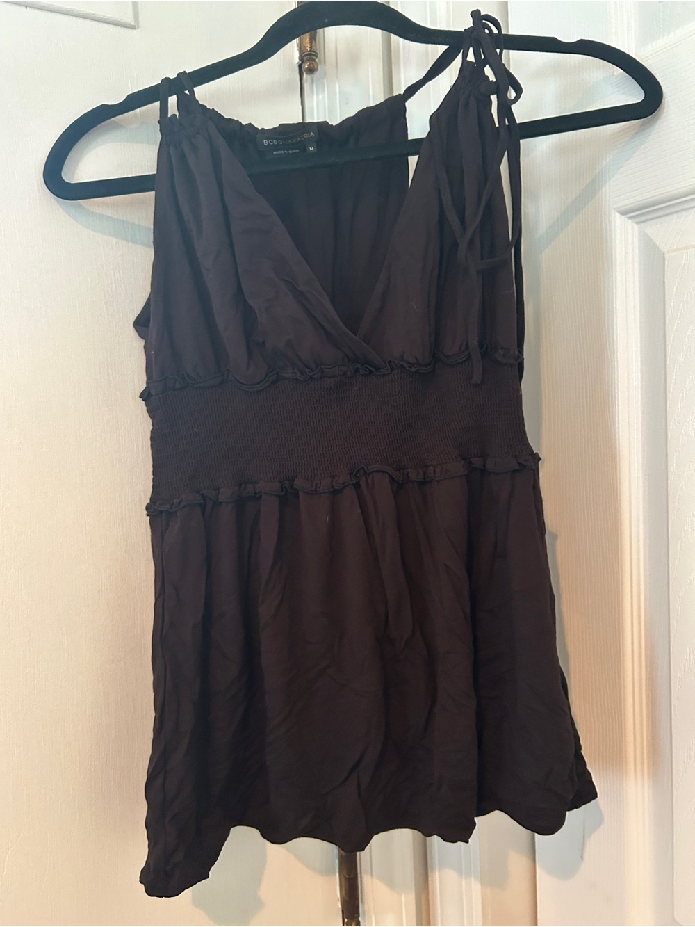 BCBGMaxAzria Black Tie-Shoulder V-Neck babydoll top